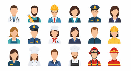 Adobe Illustrator set of avatar vector flat style illustration of diverse people in various professional uniforms, representing different occupations and essential services
