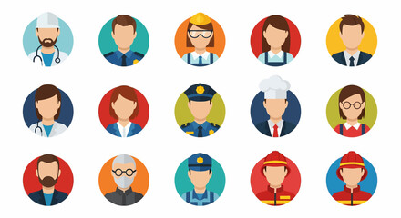 Adobe Illustrator set of avatar vector flat style illustration of diverse people in various professional uniforms, representing different occupations and essential services