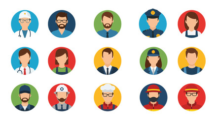 Adobe Illustrator set of avatar vector flat style illustration of diverse people in various professional uniforms, representing different occupations and essential services
