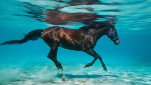 Underwater Horse Running - A dark brown horse wearing a blue halter runs gracefully through clear turquoise water, its hooves kicking up small plumes of sand.