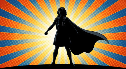 Silhouette of a female superhero doctor in a cape powerful pose stethoscope visible. © isafrk