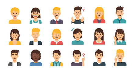 Adobe Illustrator set of avatar vector flat style illustration of diverse men and women's faces, showcasing various emotions and expressions, perfect for user interfaces and communication