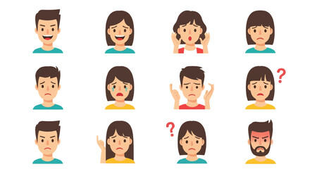 Adobe Illustrator set of avatar vector flat style illustration of diverse men and women's faces, showcasing various emotions and expressions, perfect for user interfaces and communication