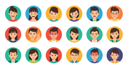 Adobe Illustrator set of avatar vector flat style illustration of diverse facial expressions, showcasing a range of emotions from happy to confused, ideal for communication designs