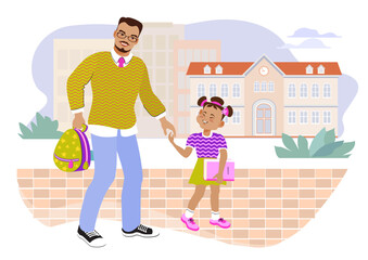Dad and daughter are holding hands and walking to school. Happy family concept. A loving father and his child are talking and smiling. Family scene, care, parenting. Vector flat illustration.