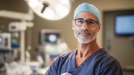 Experienced surgeon stands confidently in operating room, ready for the next procedure