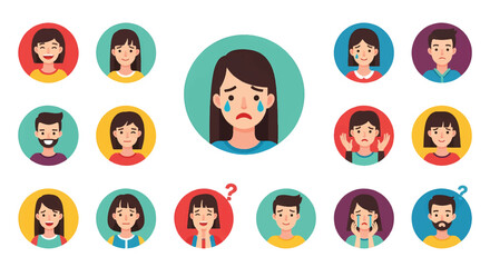 Adobe Illustrator set of avatar vector flat style illustration of diverse facial expressions, showcasing a range of emotions from happy to confused, ideal for communication designs