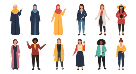 Adobe Illustrator set of avatar vector flat style illustration of diverse women in various outfits, showcasing different cultures and professions, ideal for inclusive design projects