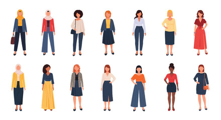 Adobe Illustrator set of avatar vector flat style illustration of diverse women in various outfits, showcasing different cultures and professions, ideal for inclusive design projects
