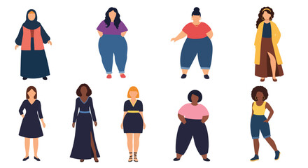 Adobe Illustrator set of avatar vector flat style illustration of diverse women in various outfits, showcasing different cultures and professions, ideal for inclusive design projects