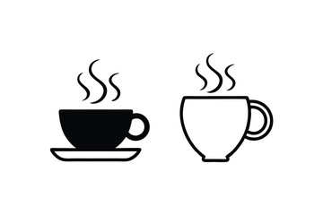 Black and white coffee cups with steam hot beverage