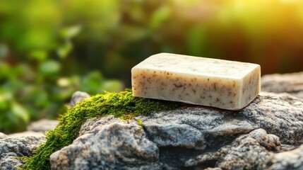 Natural bar of soap resting on a mossy rock.