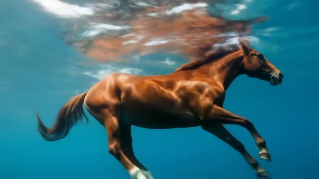 Horse Gracefully Swimming Underwater - A majestic horse is captured swimming underwater, its mane floating elegantly in the gentle currents.