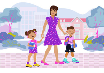 Mom, son, and daughter are holding hands and walking to school through the park. Family scene, care, parenting. A loving mother and her children are talking and smiling. Vector flat illustration 