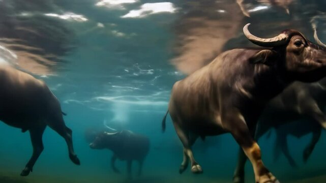 Buffaloes Swimming Underwater - A captivating underwater scene featuring a herd of buffaloes swimming gracefully.