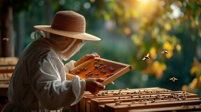 Beekeeper in straw hat inspecting honeycomb frame, surrounded by beehives, with bees flying around, showcasing the art of beekeeping and nature's harmony in a serene environment