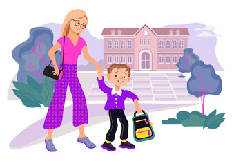 Mother and son are holding hands and walking to school through the park. Family scene, care, parenting. A loving mom and her child with a backpack are talking and smiling. Vector flat illustration. 