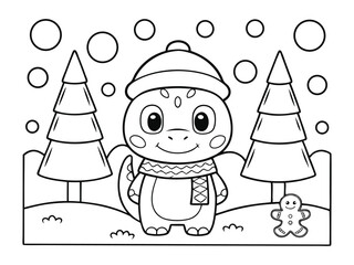 Fototapeta premium Christmas candy cane coloring page. cute dinosaur in winter