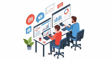 Adobe Illustrator vector flat style illustration of an isometric SEO and digital marketing team analyzing data, optimizing websites, and improving online presence for business growth