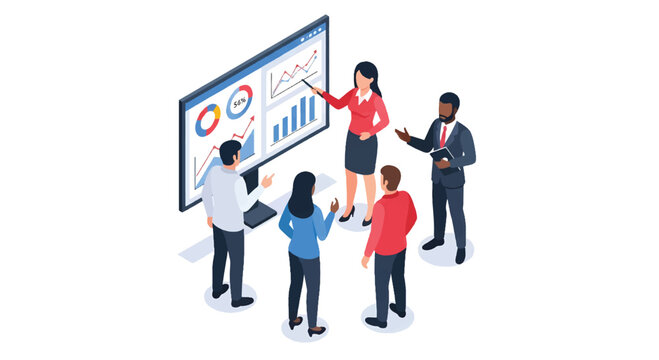 Adobe Illustrator vector flat style illustration of an isometric business presentation scene with speakers presenting data charts to an audience in a meeting room