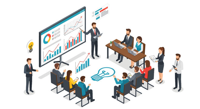 Adobe Illustrator vector flat style illustration of an isometric business presentation scene with speakers presenting data charts to an audience in a meeting room