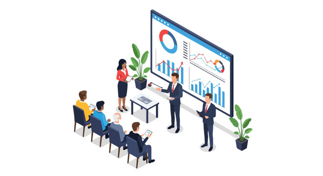 Adobe Illustrator vector flat style illustration of an isometric business presentation scene with speakers presenting data charts to an audience in a meeting room