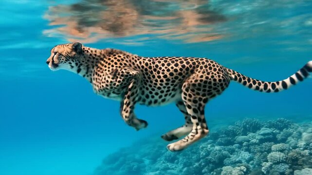 Cheetah Swimming Underwater in a Coral Reef - A digitally created video depicting a cheetah gracefully swimming underwater above a vibrant coral reef.