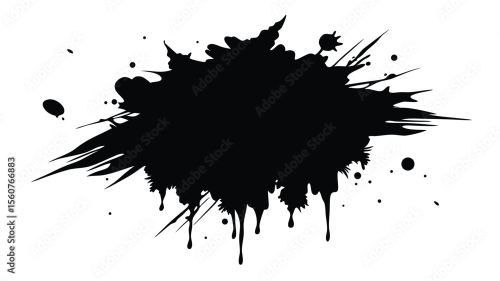 Poster black ink splatter on a white background with dripping effect for creative design projects
