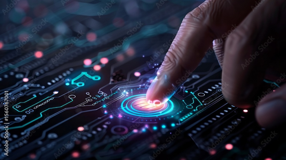 Poster human touch navigating cutting-edge technology: a finger activates futuristic interface amidst glowi