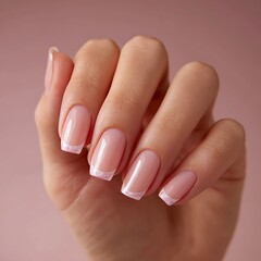 Fototapeta premium Close up of a manicured hand displaying pink and white French nails