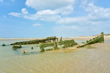 Moss-covered shipwreck on a sandy beach, partially submerged in shallow water under a blue sky