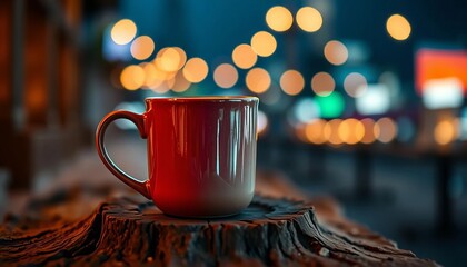 Vibrant mug sits on rustic wood, bokeh city lights blur, tea, bokeh