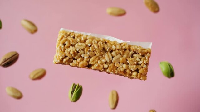 Crunchy nut bar prepared with oats and seeds for a healthy snack