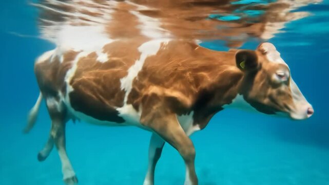 Underwater Cow Swimming in Clear Blue Water - A brown and white cow swims gracefully underwater, its body partially obscured by the refraction of light through the water.