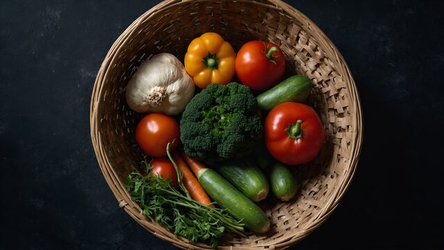 Top View of Fresh Vegetables in Woven Straw Basket on Dark Background