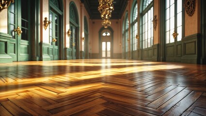 Fototapeta premium Warm sunlight streams into a grand hallway with a beautiful parquet floor and stunning architecture.
