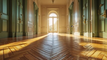 Fototapeta premium Elegant sunlit hallway with wooden floors and green doors.