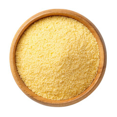 A wooden bowl filled with dry couscous grains isolated on transparent background
