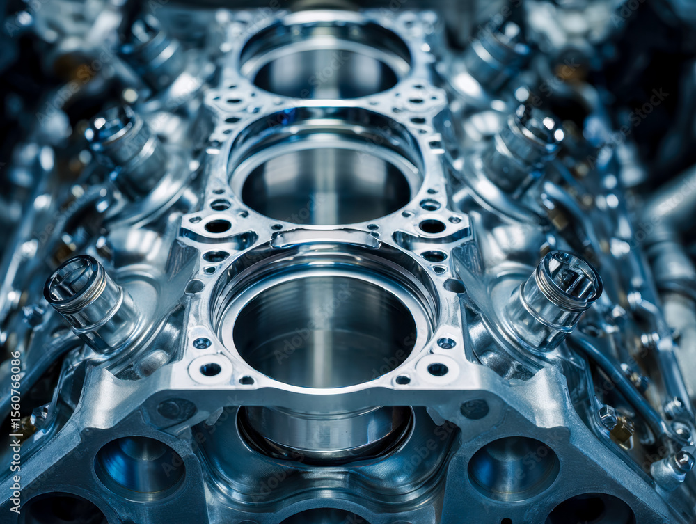 Poster close-up of a high-performance engine block with visible cylinders and pistons