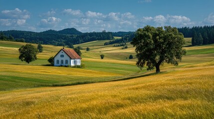 A vibrant countryside scene showcases a quaint house nestled in golden fields. The lush landscape is complemented by rolling hills and a majestic tree under a bright blue sky.