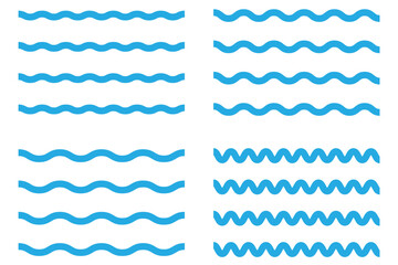 Wave line and wavy zigzag lines. Vector blue underlines, smooth end squiggly horizontal, squiggles. Wavy, waving, line. Vector zigzag and wavy horizontal underline. Vector line border, wave ripple.