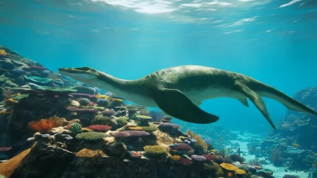 Prehistoric Marine Reptile Swimming in Vibrant Coral Reef - A digital video of a plesiosaur gracefully gliding through a vibrant underwater coral reef ecosystem.