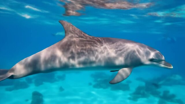 Graceful Dolphin Swimming Underwater - A dolphin glides gracefully through the clear blue ocean, showcasing its sleek, streamlined body.