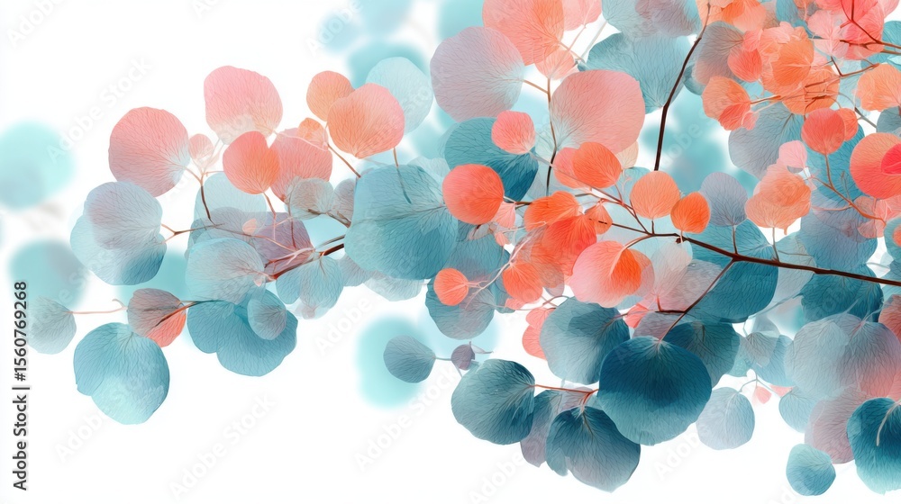 Poster delicate branches display a blend of soft pink and blue leaves, creating a soothing abstract composi