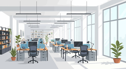 Adobe Illustrator vector flat style illustration of a spacious, modern open-plan office interior with multiple workstations, computers, and lush plants, designed for a productive work environment