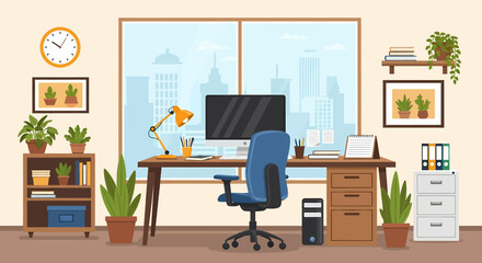 Adobe Illustrator vector flat style illustration of a modern and organized business office workspace with a desk, computer, chair, shelves, plants, and city view, promoting productivity