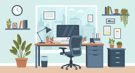 Adobe Illustrator vector flat style illustration of a modern and organized business office workspace with a desk, computer, chair, shelves, plants, and city view, promoting productivity
