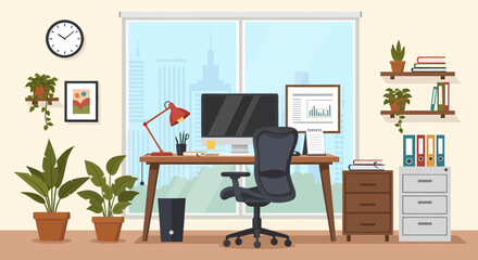 Adobe Illustrator vector flat style illustration of a modern and organized business office workspace with a desk, computer, chair, shelves, plants, and city view, promoting productivity