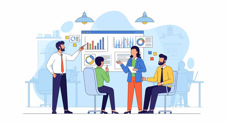 Adobe Illustrator vector flat style illustration of a business office meeting presentation, highlighting teamwork, data analysis, and productivity