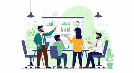 Adobe Illustrator vector flat style illustration of a business office meeting presentation, highlighting teamwork, data analysis, and productivity